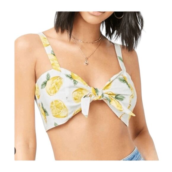 Forever 21 Lemon Print Bralette Crop Top White Yellow Woven Knit Sleeveless S - Picture 1 of 9